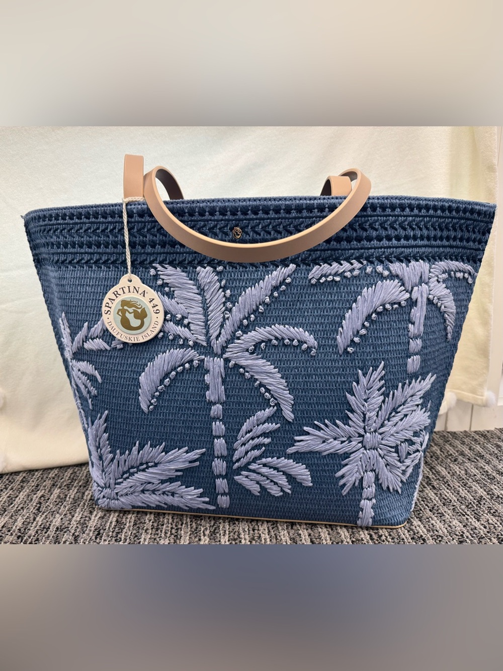 Spartina 449 Navy Tote with Light Blue Palm Embroidery and Tan Handles